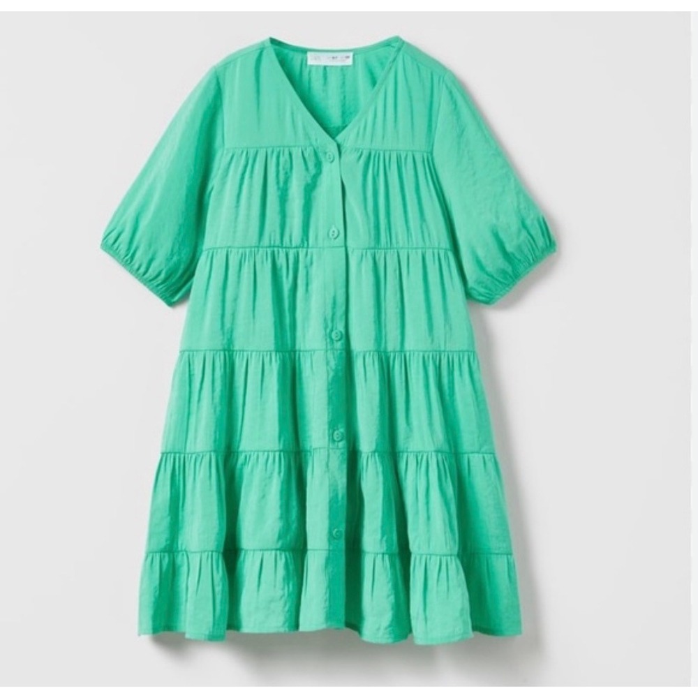Zara Kids Green Tiered Button Front Dress Short Puff Sleeve Size 13-14